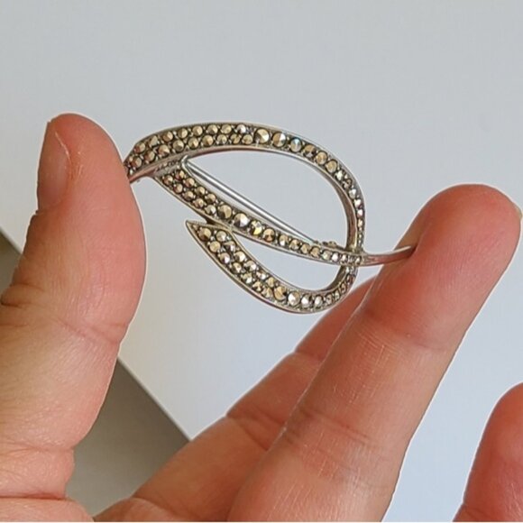 Vintage Boho Art Deco Sterling Silver Marcasite Crystal Brooch - Picture 5 of 5